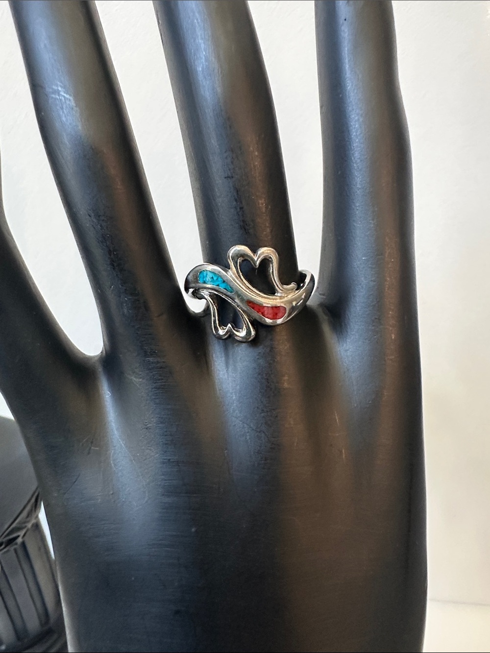 Sterling Silver Tone Red & Turquoise Inlay Fashion Ring Size 8 1/2